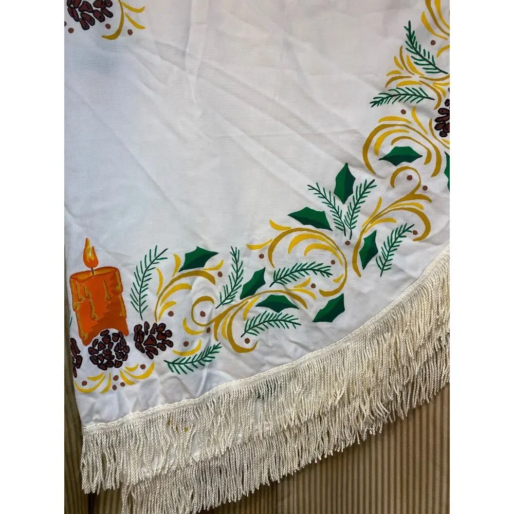 Vintage Christmas Tablecloth Oval Fringe MCM 76”x60 Candles Pinecones Holly